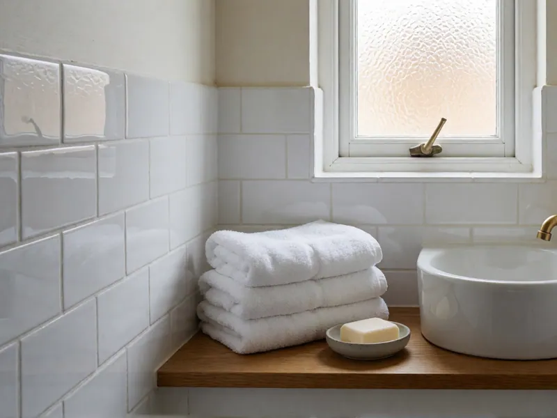 A guest bathroom: white tile, unlacquered brass