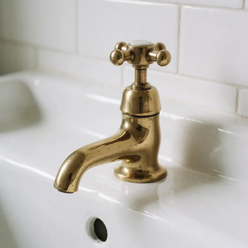 An unlacquered brass tap over a fireclay basin