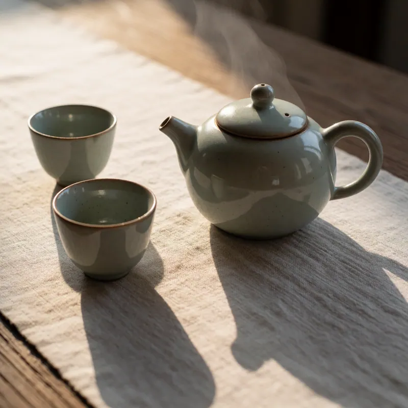 A stoneware teapot on the landing