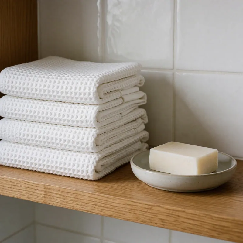 Folded waffle towels and a bar of soap