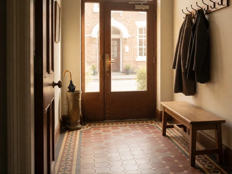 The entrance hall, with the encaustic tiles