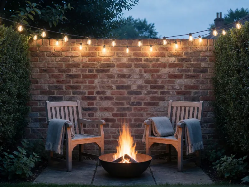 The garden after sunset, with the fire bowl