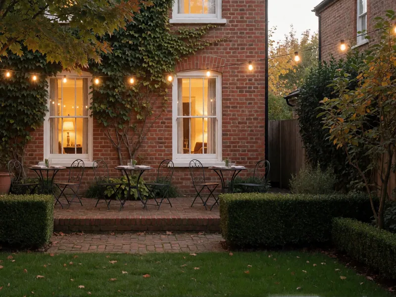 The walled garden at dusk, with the string lights lit